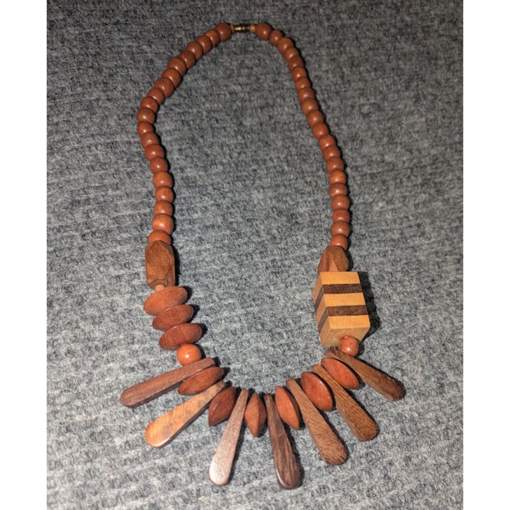 Wood Bead Statement Necklace Boho Tribal Chunky Brown Wooden Beaded Fringe